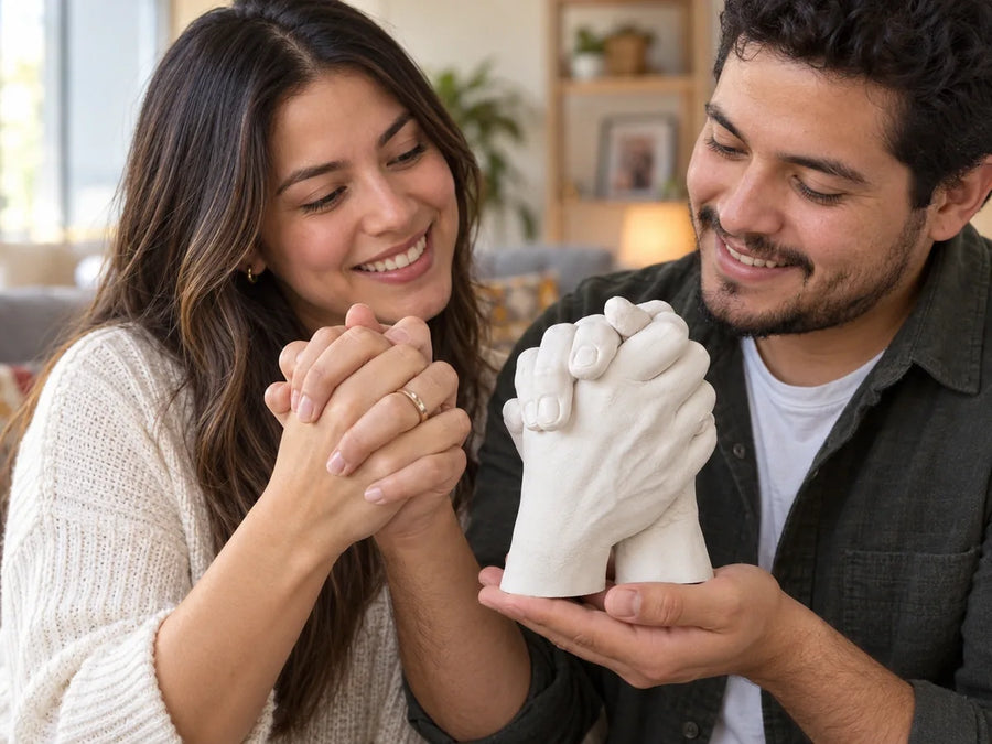 Pareja sosteniendo la escultura de sus manos