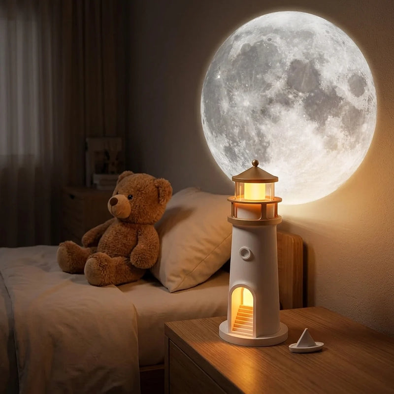 Faro proyector de luna FaroAmor encendido en un cuarto infantil